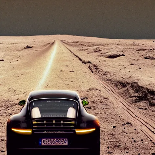 Image similar to porsche driving on the moon io with jupiter large in the sky