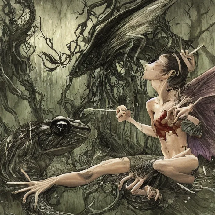 Image similar to Carnivore godlike fairy eating a frog alive, Junji Ito and Greg rutkowski