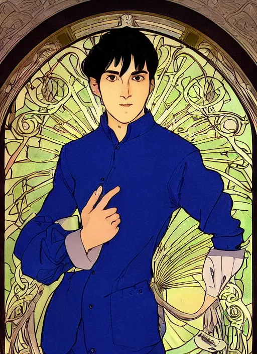 Prompt: well - lit art nouveau portrait of a young man with short black hair, blue eyes, medieval formal blue long sleeved button down shirt, natural lighting, path traced, highly detailed, high quality, cartoon, digital painting, by don bluth and ross tran and studio ghibli and alphonse mucha