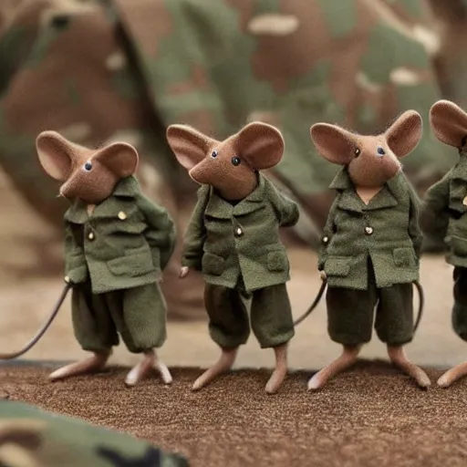 Image similar to group of mice wearing military outfits and going to war, dramatic