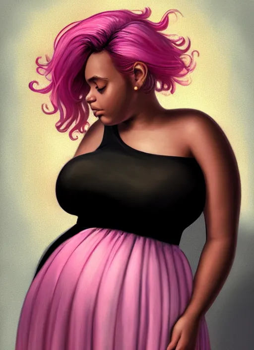 Image similar to full body portrait, teenage vanessa morgan, pink hair, obese, curly pixie hair, sultry, realistic, short hair, hoop earrings, skirt, shirt, fat, belly, black girl, intricate, elegant, highly detailed, digital painting, artstation, concept art, smooth, sharp focus, illustration, art by wlop, mars ravelo and greg rutkowski