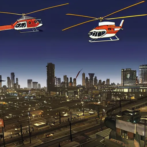 Image similar to Helicopter above a night city in GTA 5, cover art by Stephen Bliss, boxart, loading screen