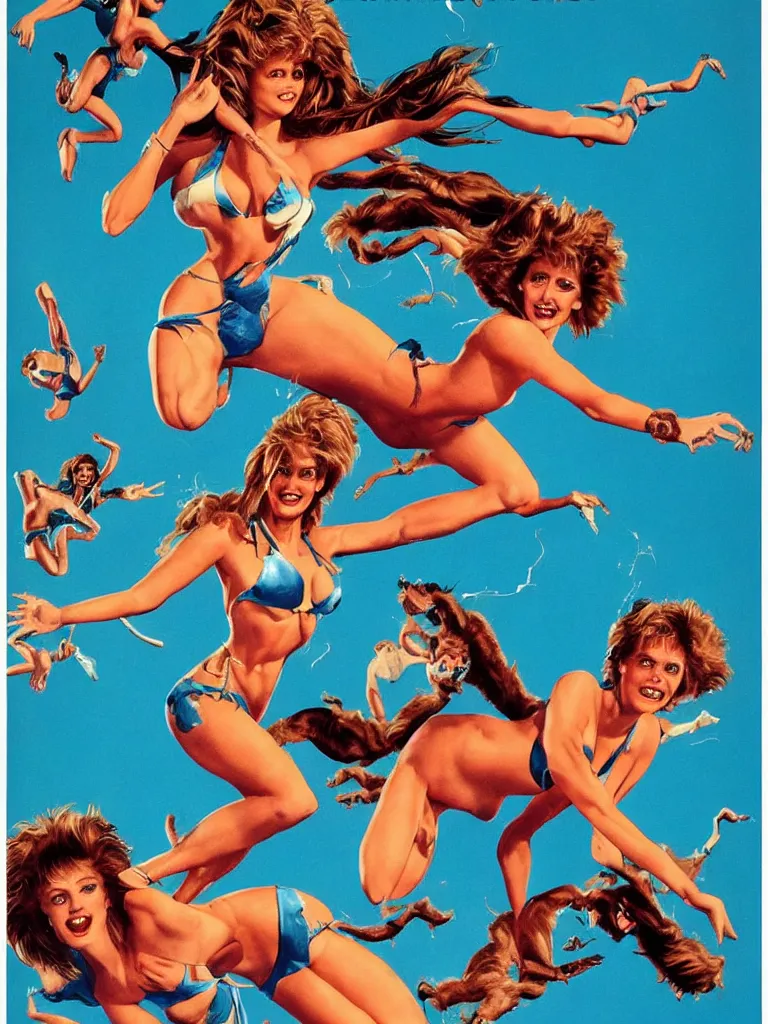 Prompt: 8 0's movie poster of bikini girls flying running from a wolfman, decolletage, confident pose, coherent, insane detail, concept art, character concept, cinematic lighting, global illumination radiating a glowing aura