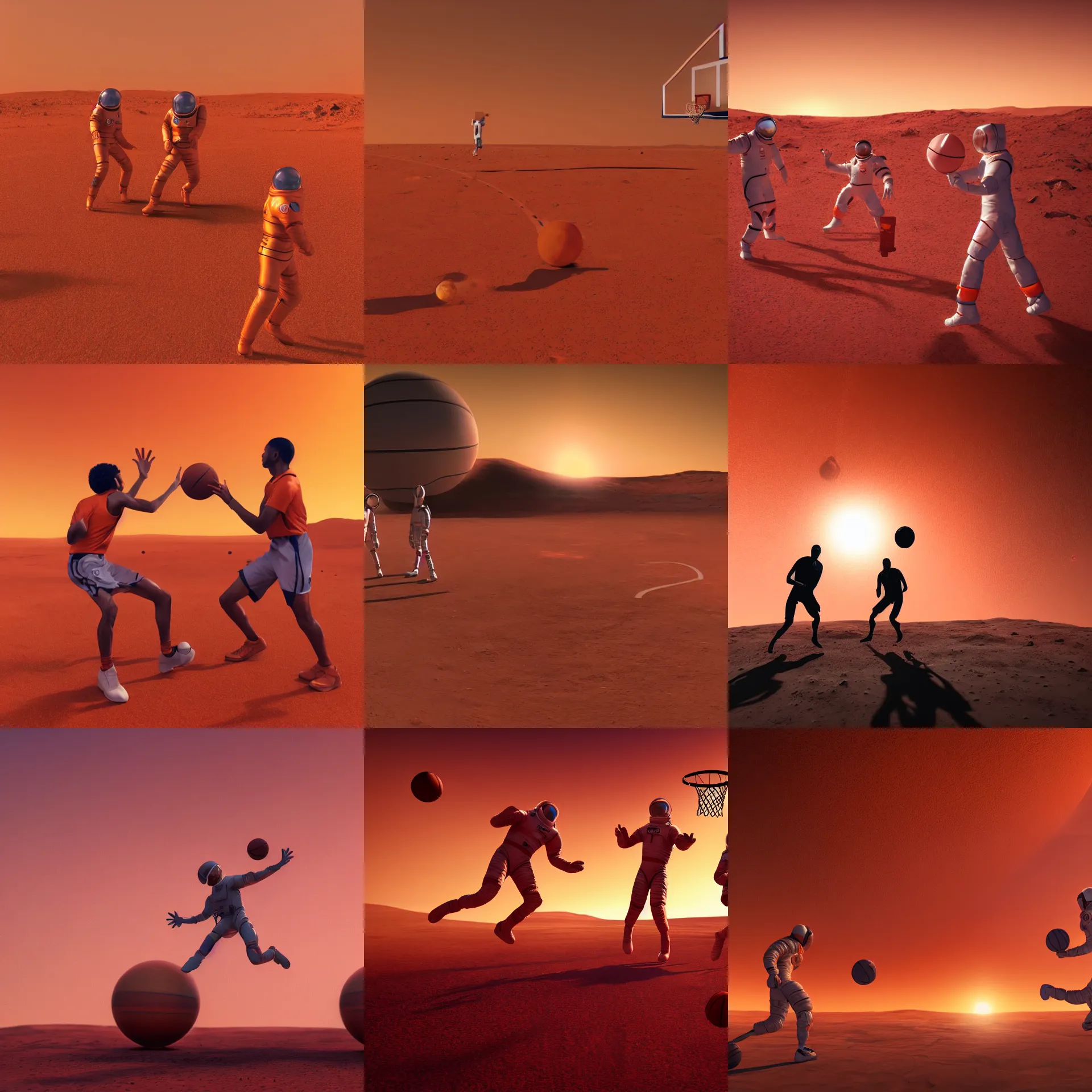 Prompt: 3D render of two astronauts playing basketball on the surface of mars, red and orange sunset sky background, 8K, dynamic light, dynamic shadows, octane render, accurate proportions, highly detailed