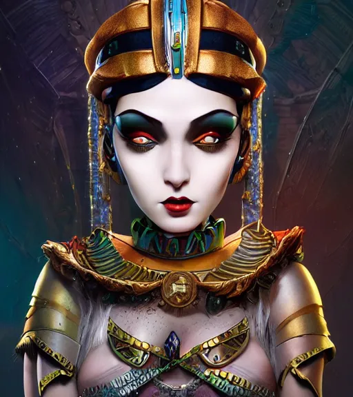 Prompt: an epic fantasy comic book style portrait painting of a very imposing industrial goth cleopatra, character design by mark ryden and pixar and hayao miyazaki, unreal 5, daz, hyperrealistic, octane render, cosplay, rpg portrait, dynamic lighting, intricate detail, winter vibrancy, cinematic