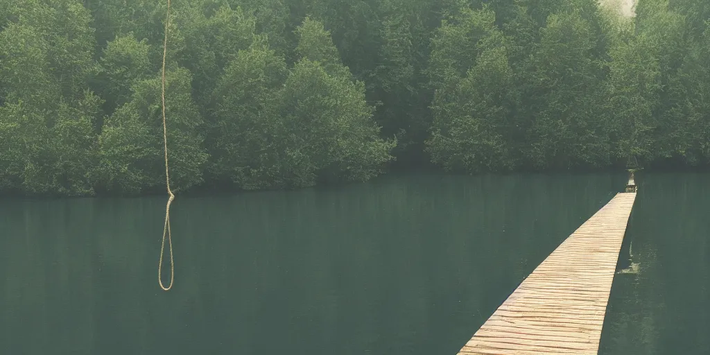 Image similar to symmetrical photograph of a very long rope on the surface of the water, the rope is snaking from the foreground towards the center of the lake, a dark lake on a cloudy day, trees in the background, moody scene, dreamy kodak color stock, anamorphic lens