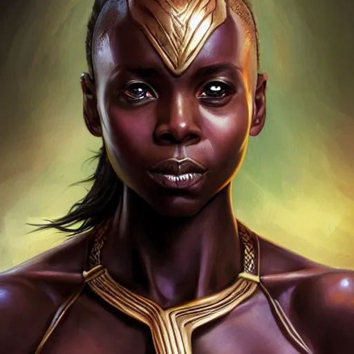 Prompt: beautiful, very strong, wakanda warrior woman, middle aged, face, no makeup, no tattoos, warrior, battle hardened, head shot, fantasy, highly detailed, digital painting, artstation, concept art, smooth, sharp focus, illustration, art by jodie muir and brom