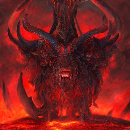 Prompt: A beast with seven heads rising from the sea of blood, ram horned oracle brings fire down from the sky, NGE dark fantasy, highly detailed, digital painting, volumetric light, 8k detailed
