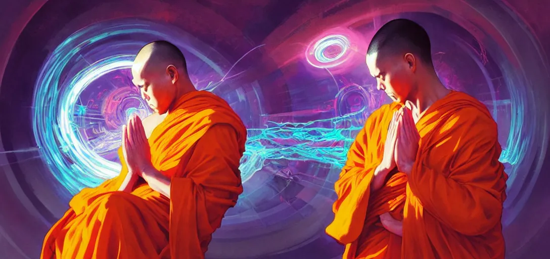 Prompt: a floating monk praying, channeling swirling energy, wearing netrunner clothing, vaporwave aesthetic, colorful, psychedelic, digital painting, artstation, concept art, smooth, sharp focus, illustration, art by artgerm and greg rutkowski and alphonse mucha