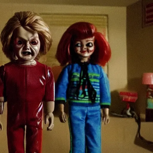 Prompt: Stranger Things episode featuring Chucky the killer doll from the movie Child's Play