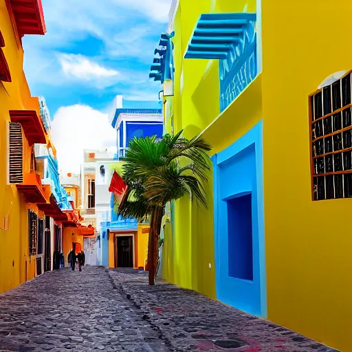 Prompt: a street of old san juan, puerto rico, colorful buildings on both sides, by francisco oller, highly detailed, dynamic lighting, isometric lights