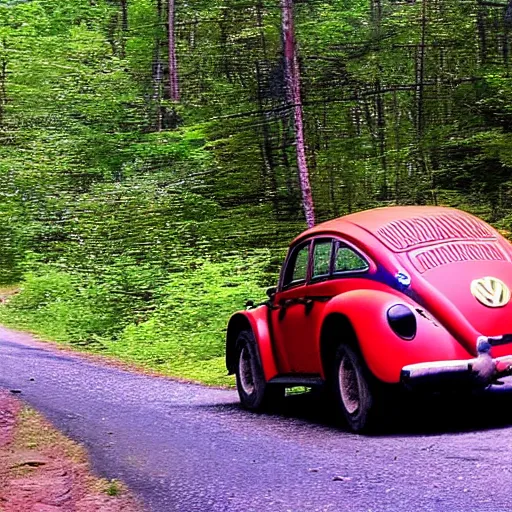 Prompt: promotional scifi - mystery movie scene of a ( volkswagen beatle ) and ladybug hybrid. racing down a dusty back - road in smokey mountains tennessee. cinematic, 4 k, imax, 7 0 mm