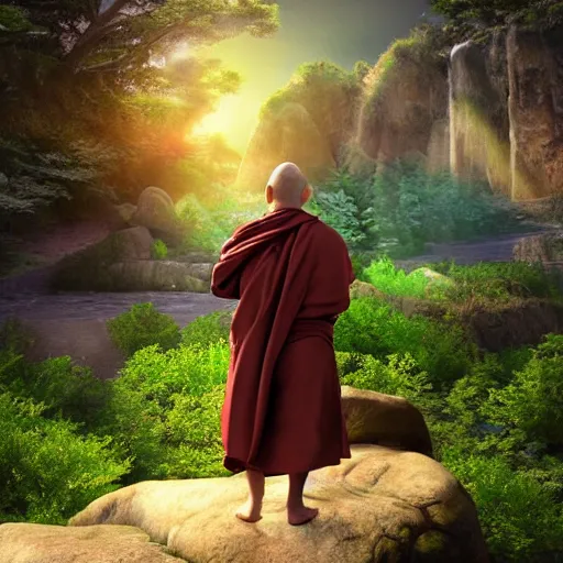 Image similar to a happy monk in perfect harmony with nature is watching the future in the sky. volumetric lighting, sharp focus, ultra detailed, cgsociety - w 1 0 2 4 - n 8 - i