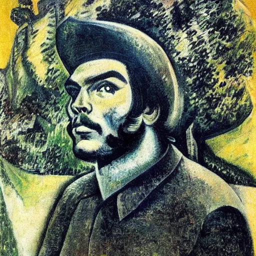 Image similar to a portrait of che guevara in a scenic landscape, by umberto boccioni