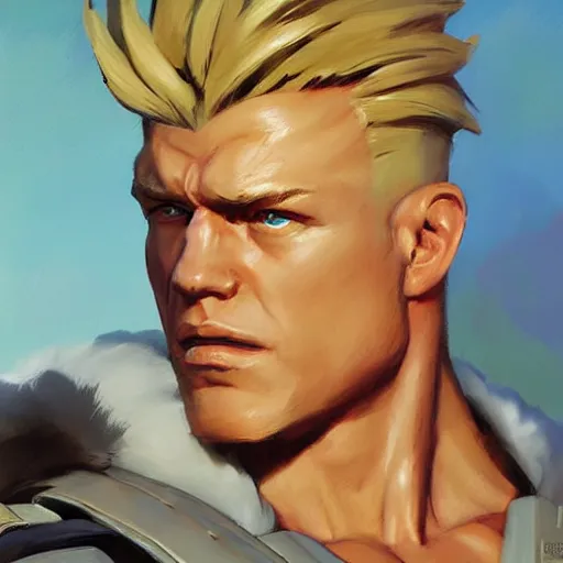 Image similar to greg manchess portrait painting of guile from street fighter as overwatch character, medium shot, asymmetrical, profile picture, organic painting, sunny day, matte painting, bold shapes, hard edges, street art, trending on artstation, by huang guangjian and gil elvgren and gerald brom