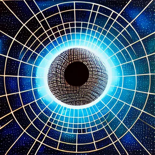 Prompt: a black hole at the center of a golden wireframe geometric structure, dyson sphere, deep blue and dark cyan nebula background, highly detailed artwork, acrylic painting