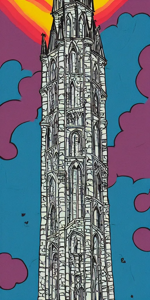Image similar to mcbess illustration of a gothic tower, rainbow gouache