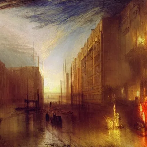 Image similar to cyberpunk city landscape with hooded figure painted by William Turner 1860