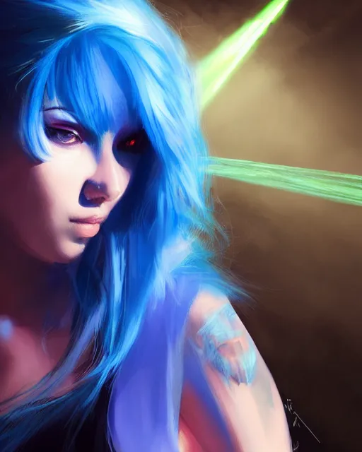 Image similar to pretty girl with blue hair, dj girl, in a club, laser lights background, sharp focus, digital painting, 8 k, concept art, art by wlop, artgerm, greg rutkowski