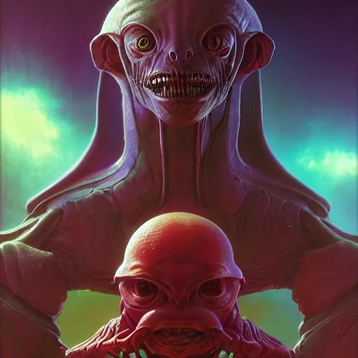 Prompt: a fantasy style portrait painting of a cute alien with a futuristic background and dramatic lighting oil painting unreal 5 daz. rpg portrait, extremely detailed wayne barlowe michael whelan artgerm greg rutkowski greg hildebrandt tim hildebrandt michael whelan moebius