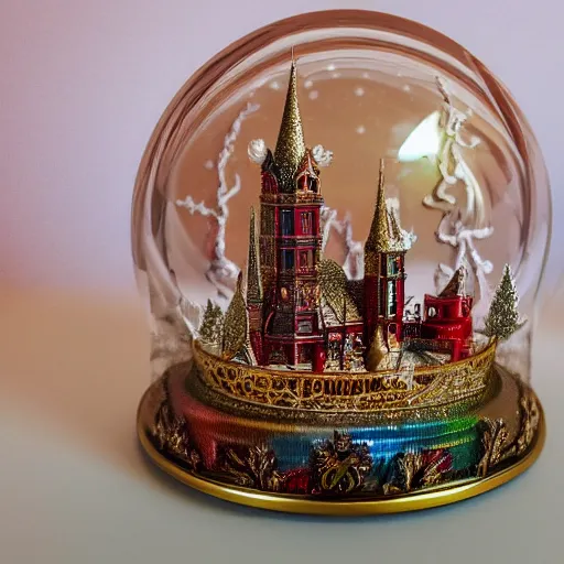 Prompt: o golden and red rocococastle in a snowglobe with unicorns and snow, rainbow colored, sparkels, insanely detailed, 8 k, 3 d, masterpiece