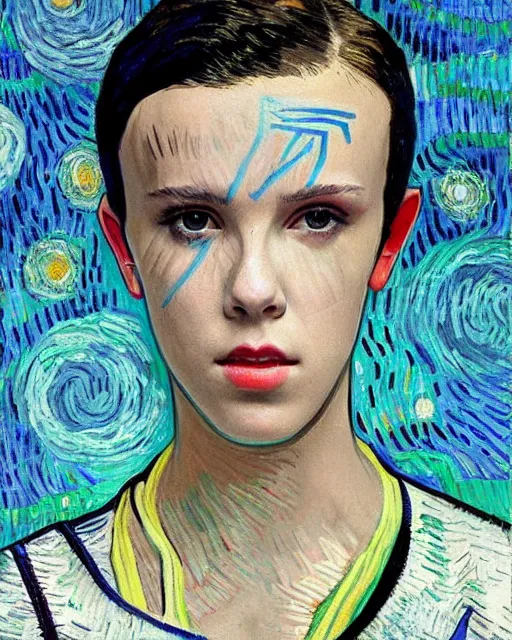 Image similar to cyberpunk millie bobby brown by vincent van gogh