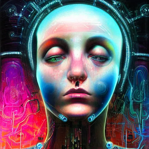 Image similar to painting of a close - up on the face of a cyberpunk girl, into a trance and closed eyes, connected by cables in her head, in the style of agostino arrivabene, renaissance, dark, surrealism, low contrast, blue, red, pink, cyan, sacred geometry, intricate