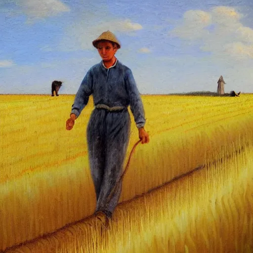 Image similar to cat farmer, walking in the wheat field, nature landscape on the background, sharp deep, oil art