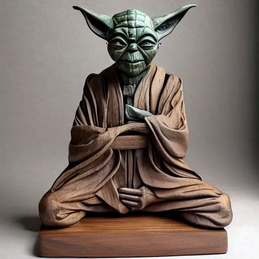 Prompt: wooden sculpture of yoda on a motorcycle, polished maple, thoughtful, elegant, real