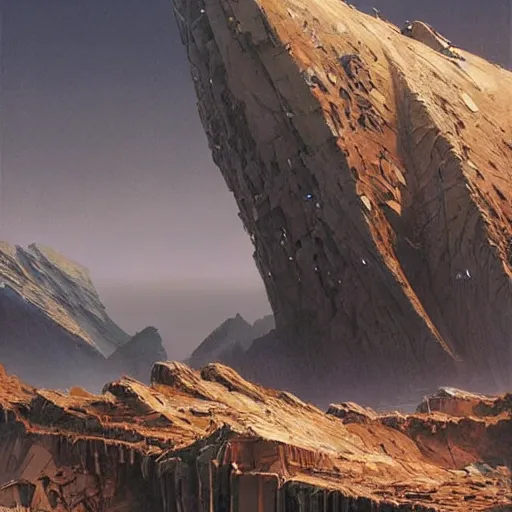 Prompt: view from a wasteland plain of a jagged mountain with a black arcology driven like a spear into the glacier, rust-colored waterfalls pouring from its upper balconies, blue radiation glow beneath, science fiction concept art by Greg Rutkowski and Moebius and Beksinski and Le Corbusier