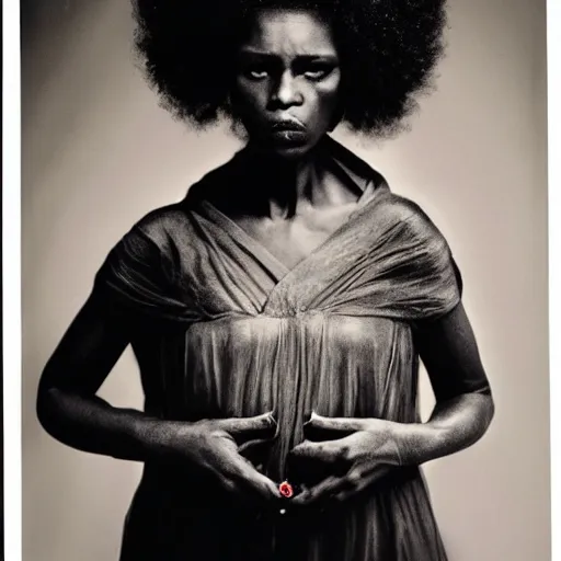 Prompt: afro vampire woman photographed by sally mann, vogue magazine