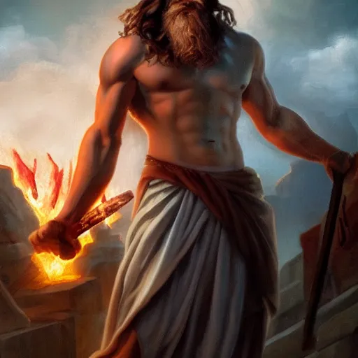 Image similar to Absolutely gorgeous greek god of smithing holding the hammer of creating setting the city of the gods on fire, cinematic lighting, high quality 8k hd, oil on canvas, hyperralistic art