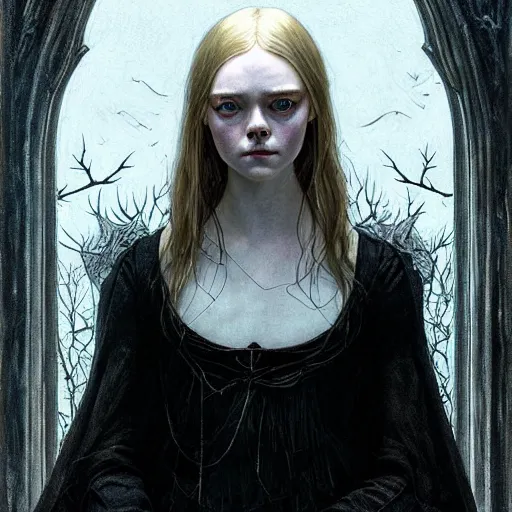 Image similar to symmetry!! portrait of elle fanning in bloodborne in the world of andrew wyeth, horror, fashion, dark!! intricate, elegant, highly detailed, digital painting, artstation, concept art, smooth, sharp focus, illustration, art by artgerm and greg rutkowski and alphonse mucha