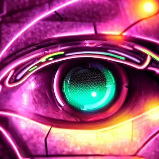 Prompt: cybernetic android eye, 8k resolution digital painting cinematic lighting by Jason Felix Steve Argyle Tyler Jacobson neon glow backdrop soft bokeh