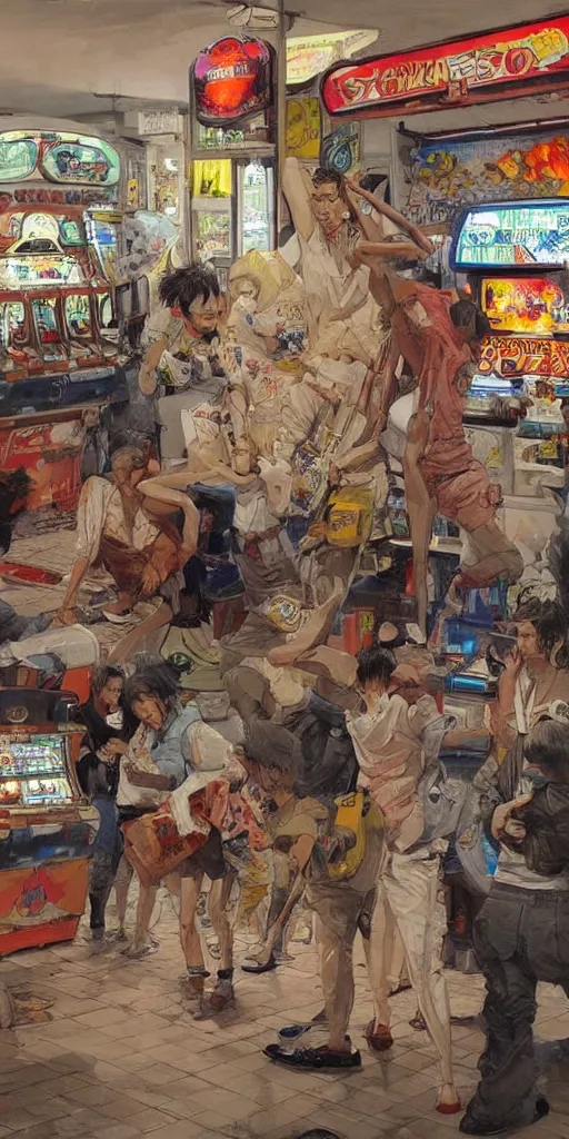 Image similar to oil painting scene from amusement arcade by kim jung gi