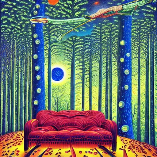 Prompt: psychedelic trippy couch pine forest, milky way, sofa, cartoon by rob gonsalves