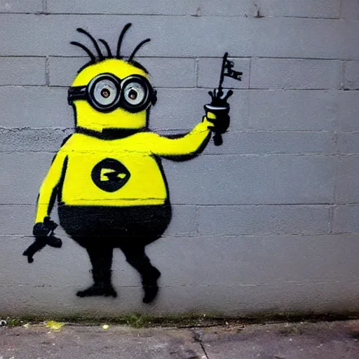 Image similar to Banksy graffiti of a minion,