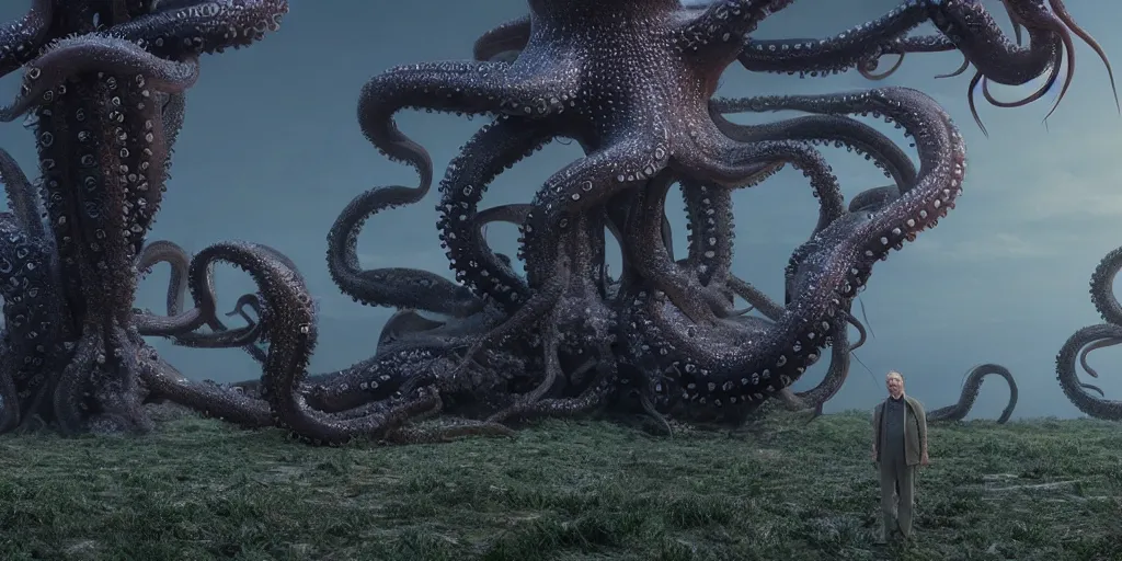 Image similar to a bill murray skin suit octopus eldritch horror standing in front of a photorealistic 3D art of dystopian landscape with fluffy trees, 4k, extremely detailed, ultra realistic, by Annibale Siconolfi, Maxon Cinema 4D, Otoy Octane, Adobe Photoshop, Adobe After Effects, complex 3D scene