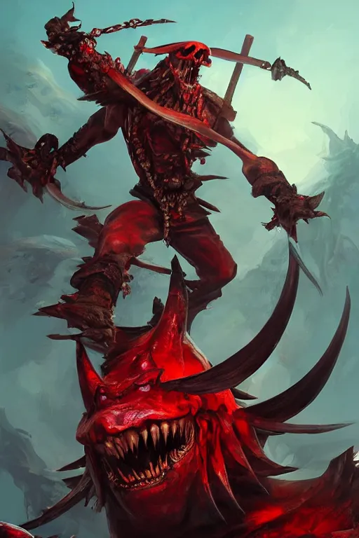 Image similar to a professional digital painting of a monster pirate with many jaws, full body, concept art, sharp detail, focused, illustration, smooth render, red jewels for eyes, pirate ship in background, art style by Ruan Jia and Mandy Jurgens and Ian Spriggs and William-Adolphe Bouguerea