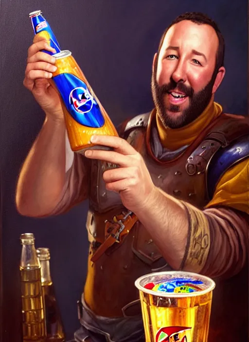 Image similar to a _ fantasy _ style _ portrait _ painting _ of burt kreischer drinking pepsi, rpg dnd oil _ painting _ unreal _ 5 _ daz. _ rpg _ portrait _ extremely _ detailed _ artgerm _ greg _ rutkowski _ greg