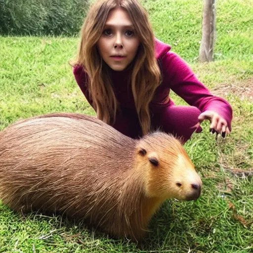 Image similar to photo of elizabeth olsen with a capybara, ultra detailed, photo realistic