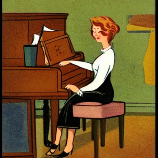 Prompt: vintage ship woman sitting in an piano, retro cartoon