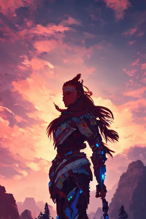 Image similar to combination suit armor aloy horizon forbidden west horizon zero dawn radiating a glowing aura global illumination ray tracing hdr fanart arstation by ian pesty and alena aenami artworks in 4 k tribal robot ninja mask helmet backpack