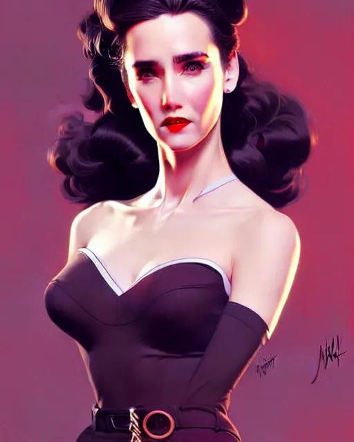 Image similar to a pin up and beautiful fashion charming dreamlke jennifer connelly, symmetrical face, symmetrical eyes, character art, art by artgerm lau and wlop and and ilya kuvshinov and john singer sargent, joshua middleton comic art