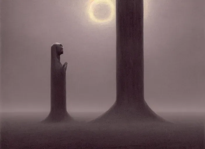 Image similar to matte painting of omniscient tall statues of gods towering above a lone individual, by zdzislaw beksinski, by dariusz zawadzki, by wayne barlowe, gothic, surrealism, cosmic horror, lovecraftian, cold hue's, warm tone gradient background, concept art, beautiful composition