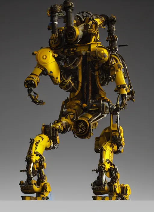 Image similar to a photorealistic dramatic hyperrealistic render of a futuristic exosuit power loader heavy machinery, ultra realistic details, glossy yellow, well worn, rust, oil stains by vitaly bulgarov and mike nash, beautiful dramatic dark moody tones and lighting, cinematic atmosphere, studio lighting, global illumination, shadows, dark background, octane render, 8 k