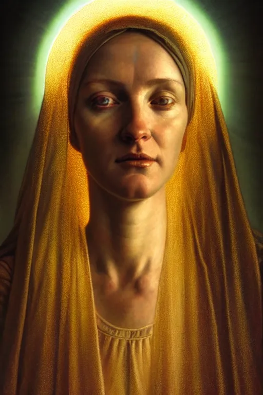 Image similar to hyperrealistic mixed media painting of Mother Mary, a halo about her head, full body, stunning 3d render inspired art by P. Craig Russell and Barry Windsor-Smith + perfect facial symmetry + dim volumetric lighting, 8k octane beautifully detailed render, post-processing, extremely hyperdetailed, intricate, epic composition, grim yet sparkling atmosphere, cinematic lighting + masterpiece, trending on artstation, very very detailed, masterpiece, stunning