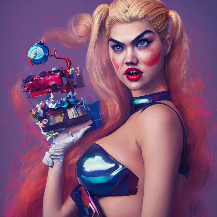 Image similar to portrait of Kate Upton as a harley quinn. intricate abstract. intricate artwork. by Tooth Wu, wlop, beeple, dan mumford. octane render, trending on artstation, greg rutkowski very coherent symmetrical artwork. cinematic, hyper realism, high detail, octane render, 8k, iridescent accents