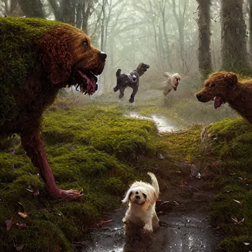 Prompt: Dogs running from a Overpopulated Moss Monster, The Moss is in the shape of a Dimly lit grimy muddy Beast by Greg Rutkowski and Thomas Kinkade