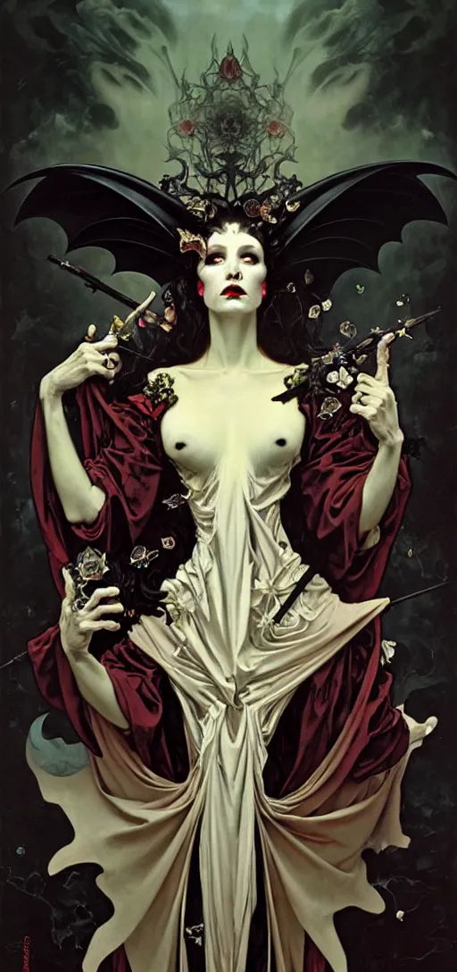 Prompt: baroque oil painting portrait of vampire queen in gothic robes with bat wings, by peter mohrbacher, alphonse mucha, brian froud, yoshitaka amano, kim keever, victo ngai, james jean